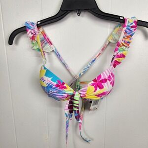 California Waves Bikini Top XS‎ Multicolor Ruffle Tie Crisscross Back
